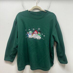 Vintage Green Snowman Embroidered Sweatshirt Long Sleeve Crewneck Winter Holiday